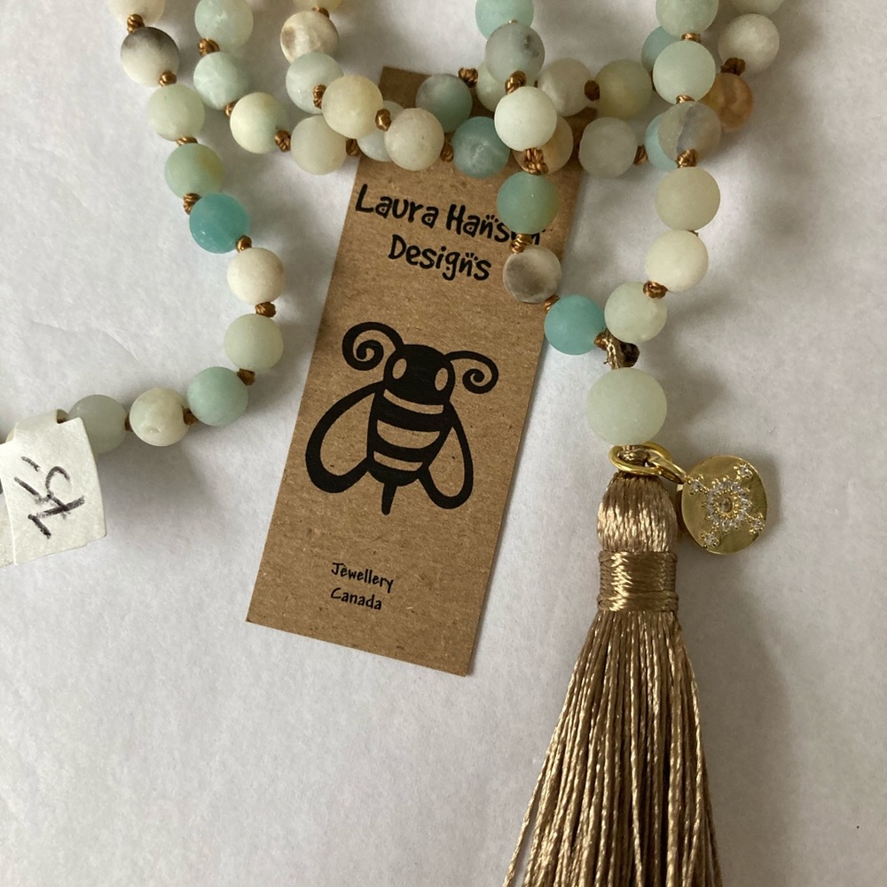 NWT Laura Hansen Designs Frosted Amazonite Mala Necklace with Tassels & …